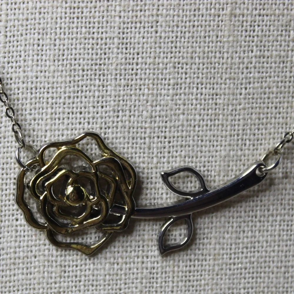 Rose Pendant Necklace Two Tone Gold Silver Plated Flower 21